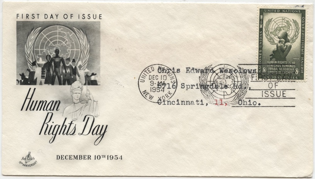 Scott 30 8 Cent United Nations Human Rights Day Stamp First Day Cover