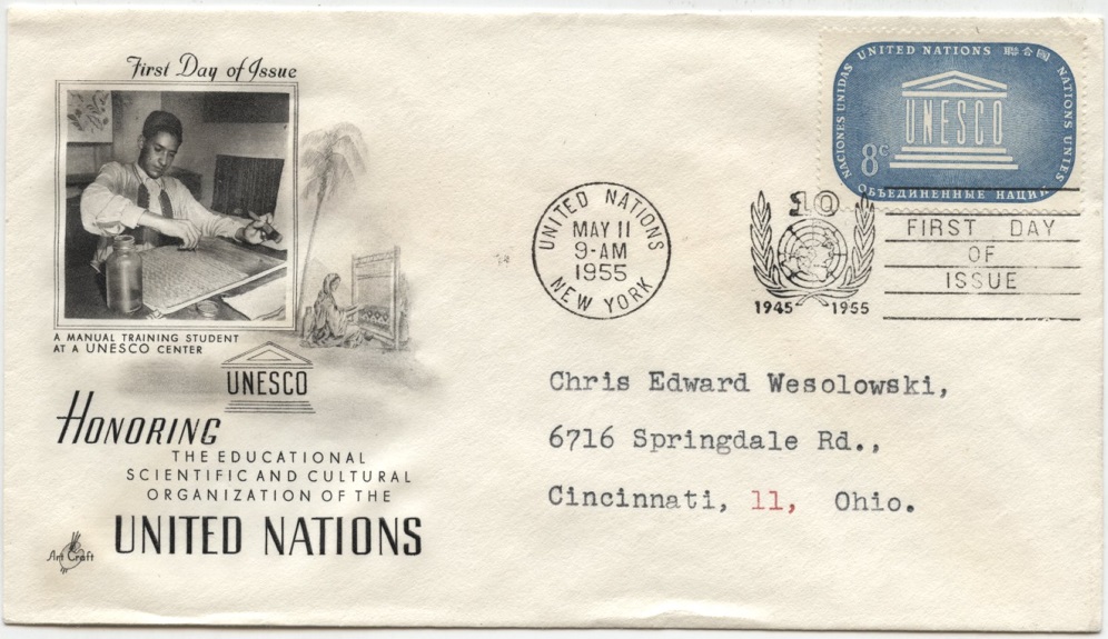 Scott 34 8 Cent United Nations UNESCO Stamp First Day Cover