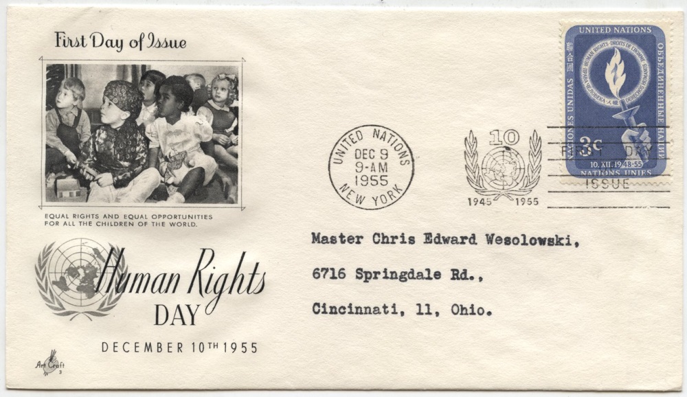 Scott 39 3 Cent United Nations Human Rights Day Stamp First Day Cover