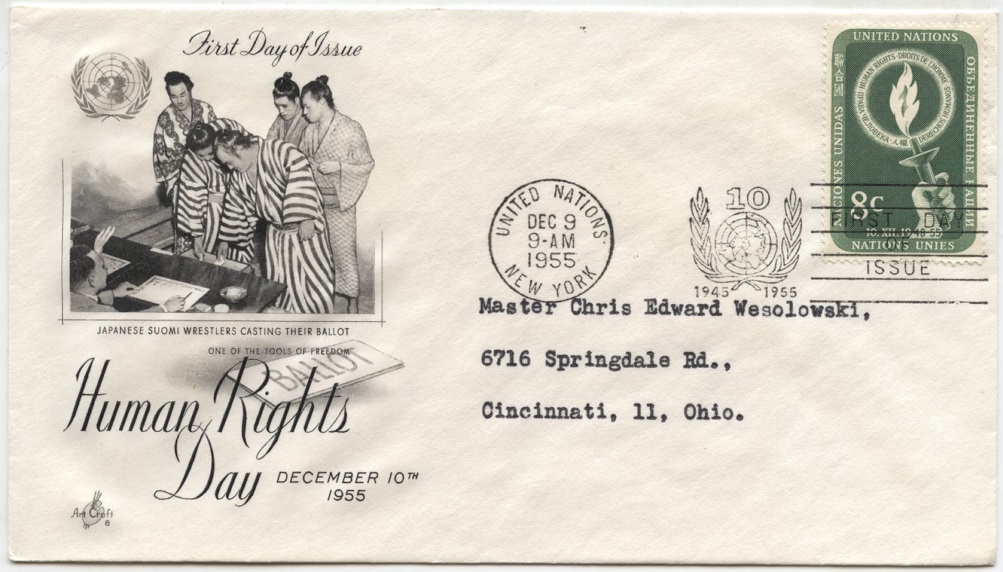 Scott 40 8 Cent United Nations Human Rights Day Stamp First Day Cover