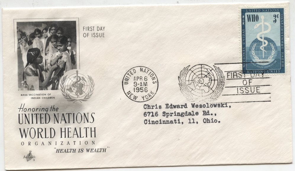 Scott 43 3 Cent United Nations World Health Organization Stamp First Day Cover