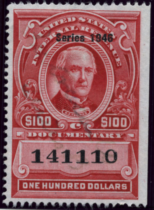 Scott R458 100 Dollar Internal Revenue Documentary Stamp Watermarked USIR