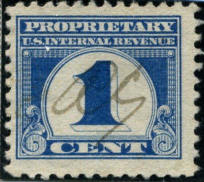 Scott RB65 1 Cent Internal Revenue Proprietary Stamp Watermarked USIR