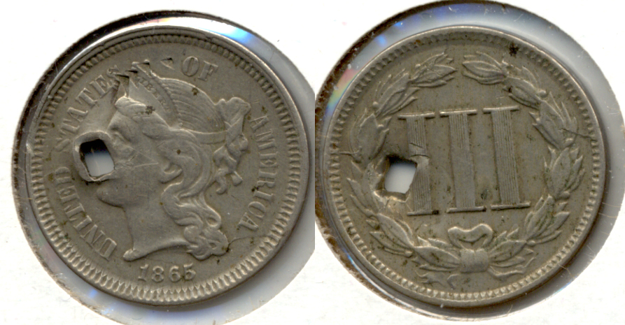 1865 Three Cent Nickel EF-40 Holed