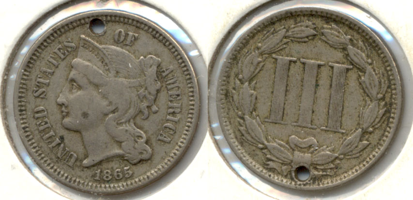 1865 Three Cent Nickel Fine-12 Holed