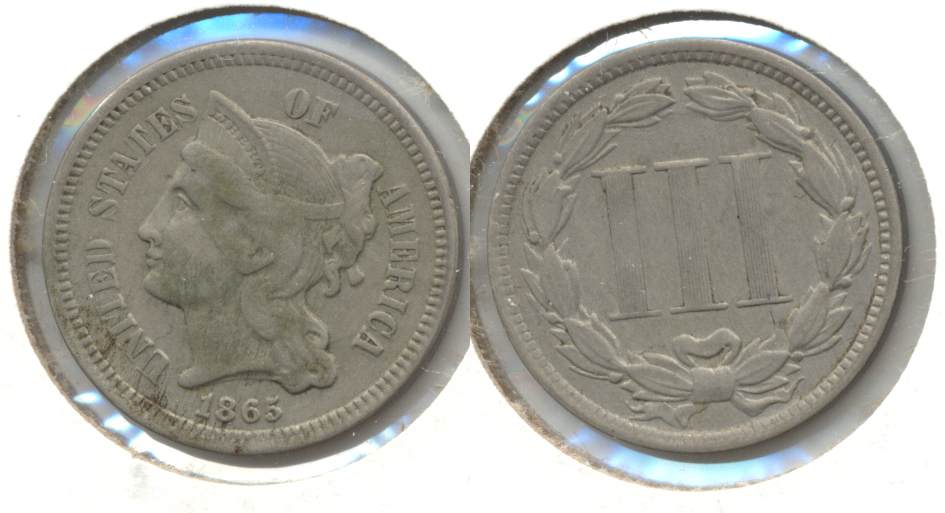 1865 Three Cent Nickel Fine-12 c Uneven Color