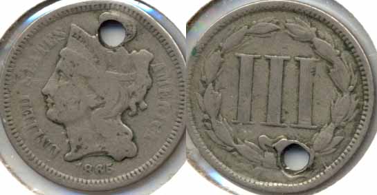 1865 Three Cent Nickel Good-4 Holed