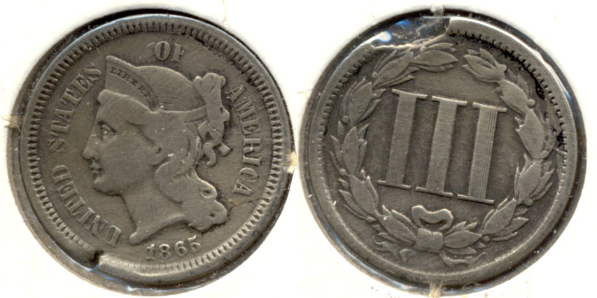 1865 Three Cent Nickel Good-4 b Edge Damage