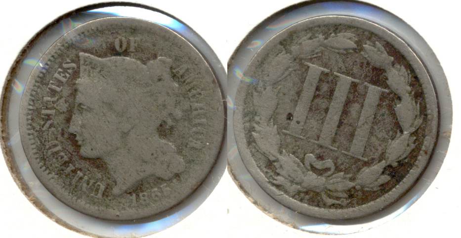 1865 Three Cent Nickel Good-4 h Bent