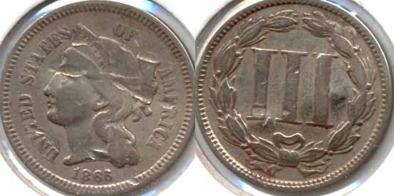 1865 Three Cent Nickel VG-8 b Damaged