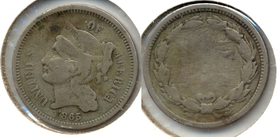 1865 Three Cent Nickel VG-8 l Reverse Scratches