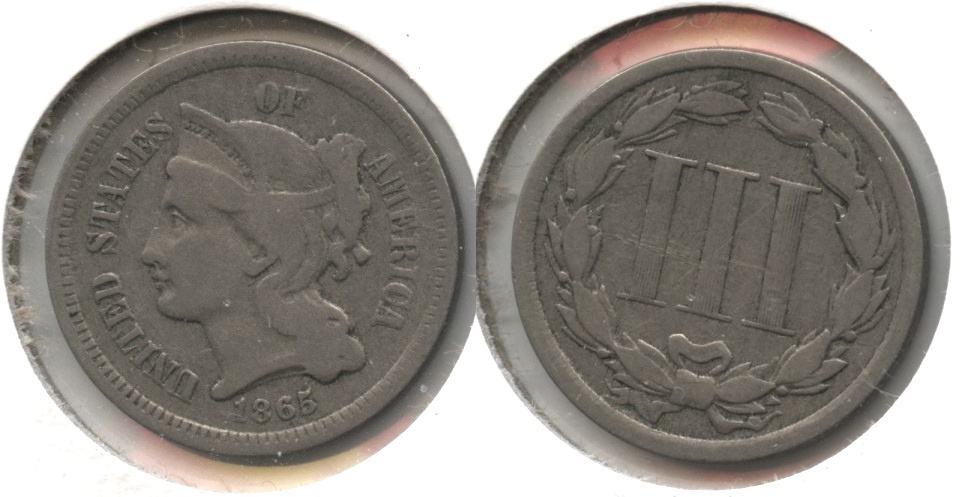 1865 Three Cent Nickel VG-8 #q Reverse Scratch