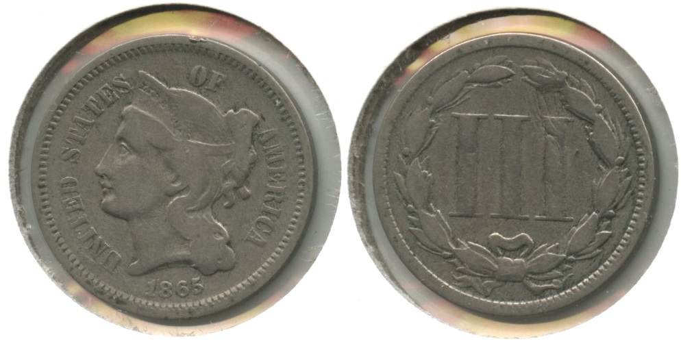 1865 Three Cent Nickel VG-8 #y Reverse Scratch