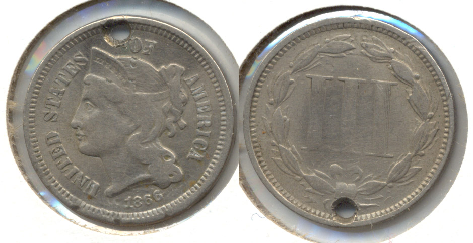 1866 Three Cent Nickel Fine-12 b Holed