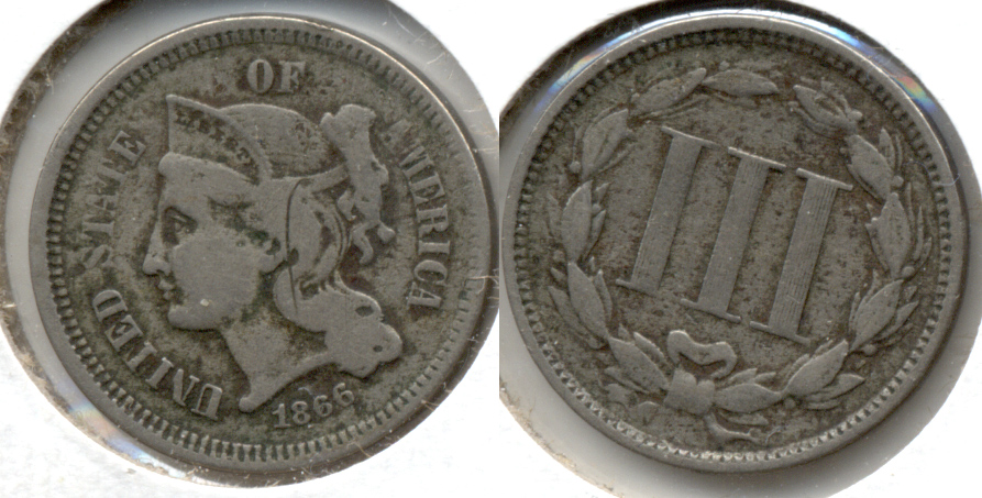 1866 Three Cent Nickel Fine-12 f Slight Porosity