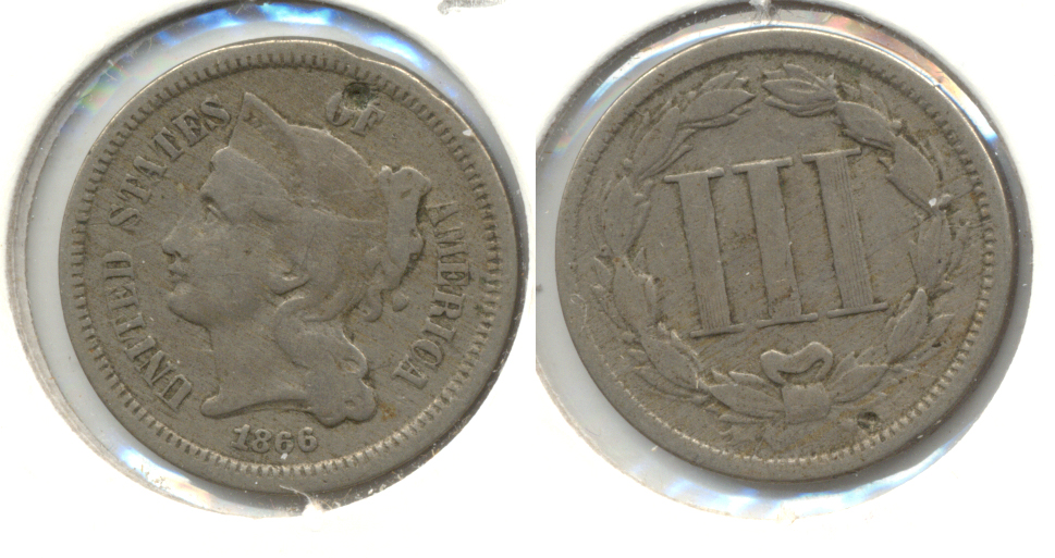 1866 Three Cent Nickel VG-8 Partial Hole