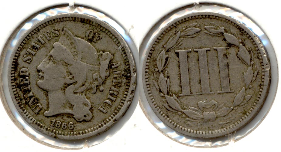 1866 Three Cent Nickel VG-8 b Obverse Scratch