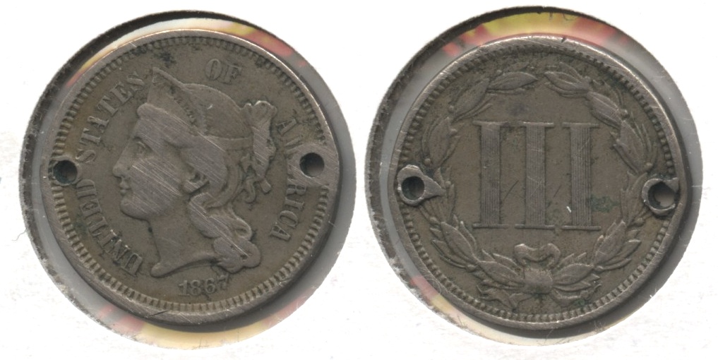 1867 Three Cent Nickel Fine-12 #g Holed