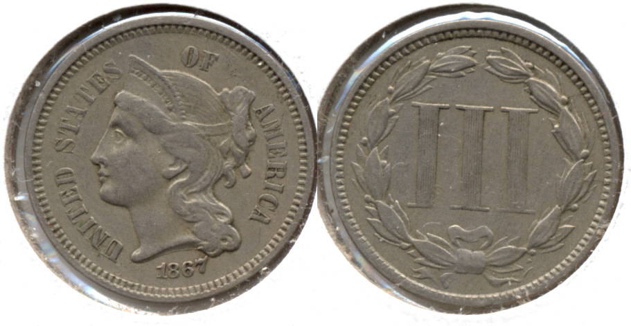 1867 Three Cent Nickel VF-20 d