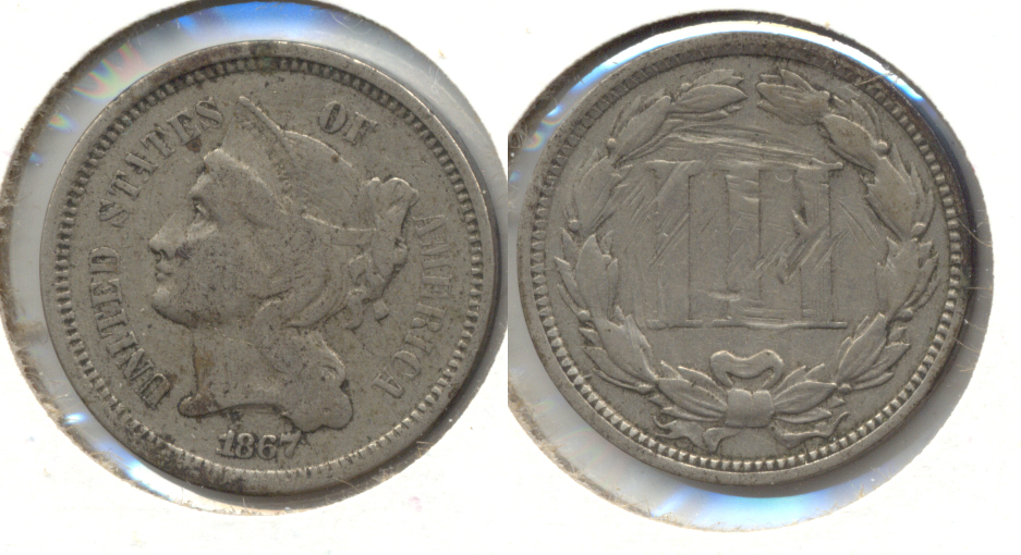 1867 Three Cent Nickel VG-8 a Reverse Scratches