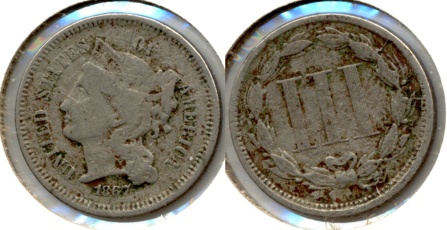 1867 Three Cent Nickel VG-8 d Porous
