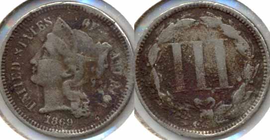 1869 Three Cent Nickel Fine-12 Dark