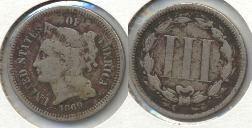 1869 Three Cent Nickel Good-4 Dark Fields