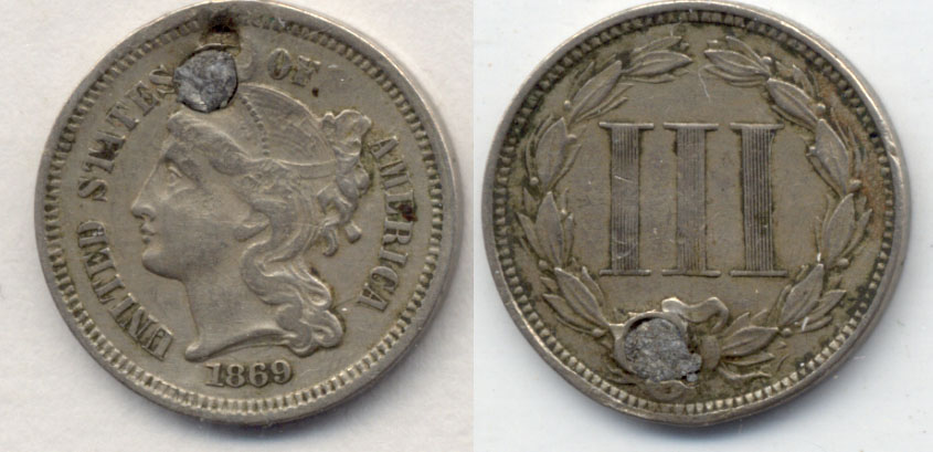 1869 Three Cent Nickel VF-20 a Plugged