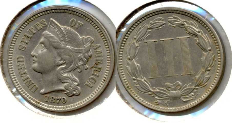 1870 Three Cent Nickel AU-55