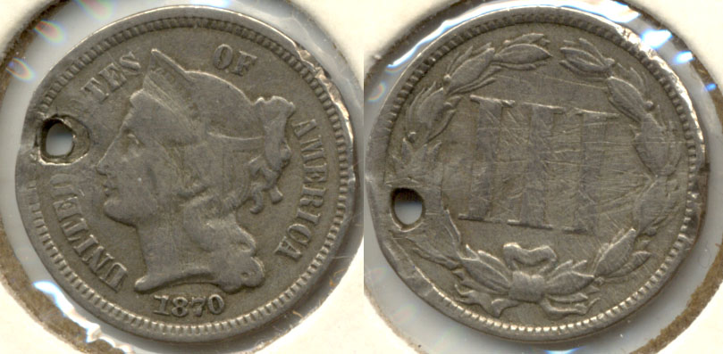 1870 Three Cent Nickel VG-8 Holed