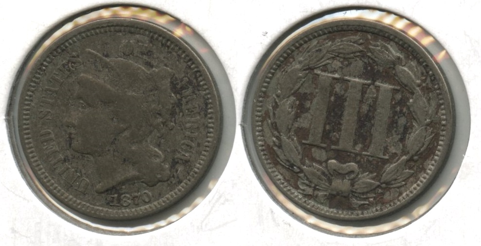 1870 Three Cent Nickel VG-8 #d Bit Dark