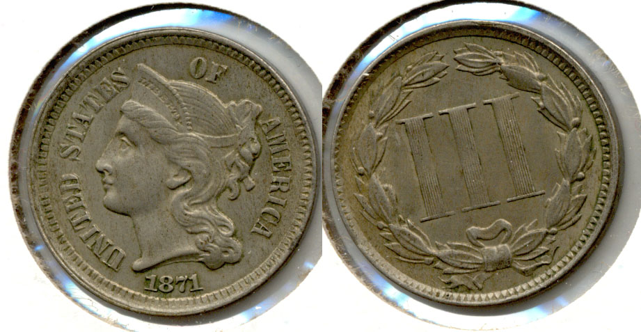 1871 Three Cent Nickel AU-53