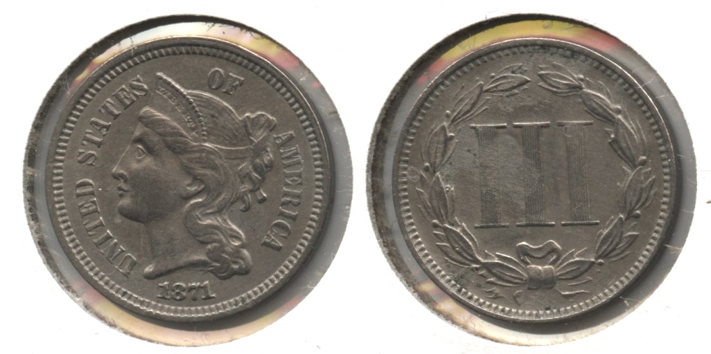 1871 Three Cent Nickel EF-45