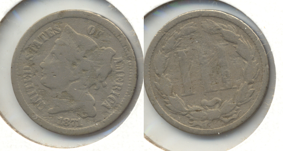 1871 Three Cent Nickel Good-4 Pitting