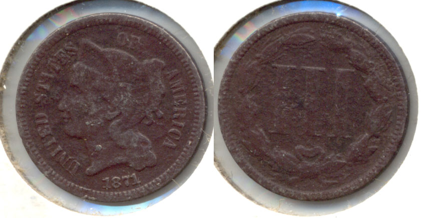 1871 Three Cent Nickel Good-4 a Dark