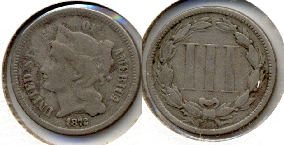 1872 Three Cent Nickel Fine-12 a Light Porosity