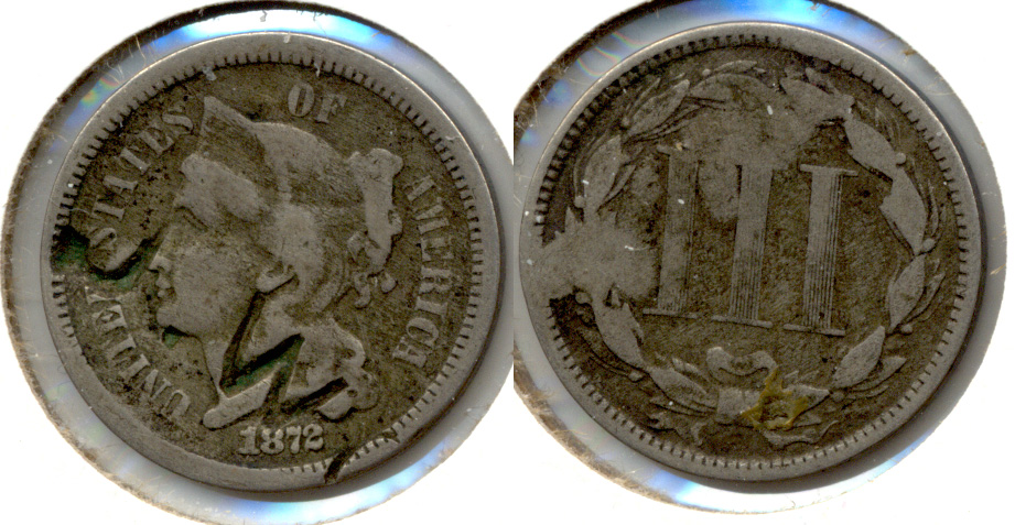 1872 Three Cent Nickel VG-8 a J W Counterstamp