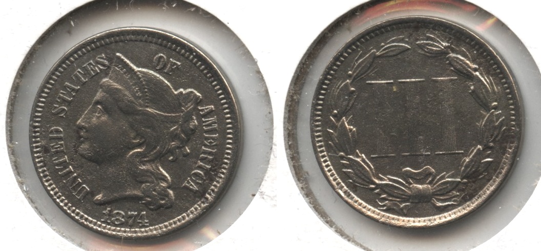1874 Three Cent Nickel EF-40 Porous