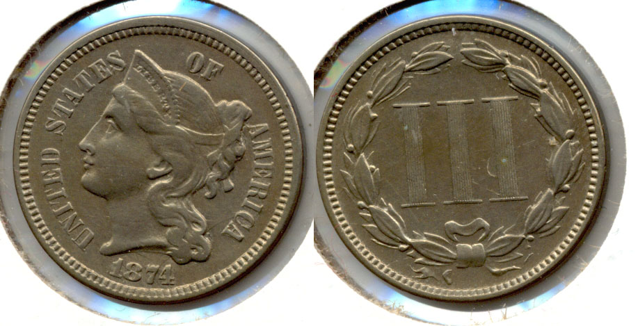 1874 Three Cent Nickel EF-45