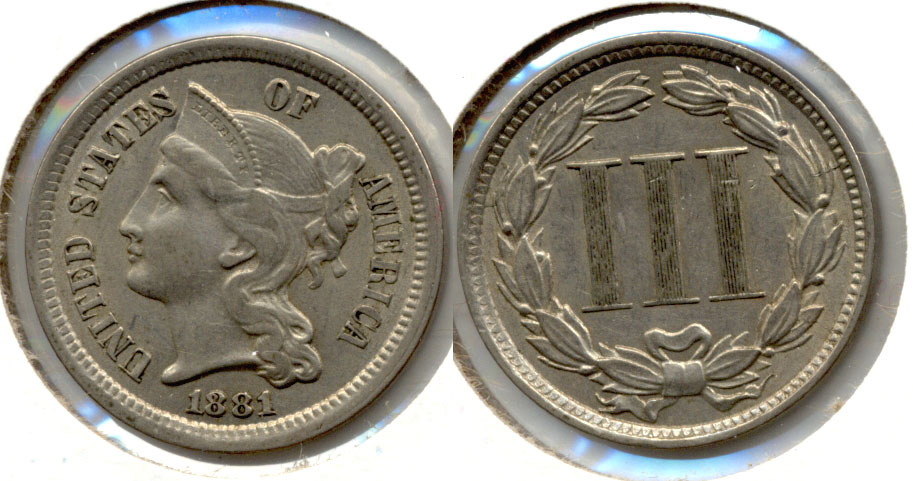 1881 Three Cent Nickel AU-50