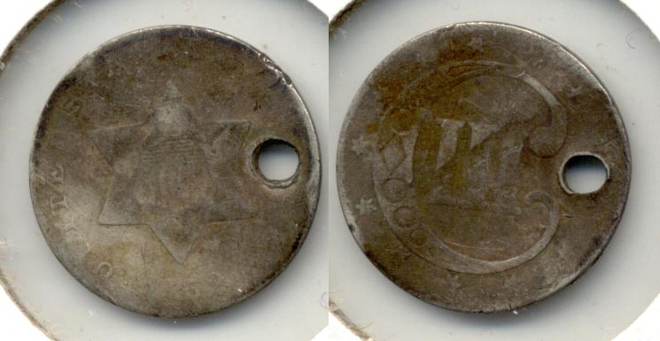 1852 Three Cent Silver Good-4 d Holed