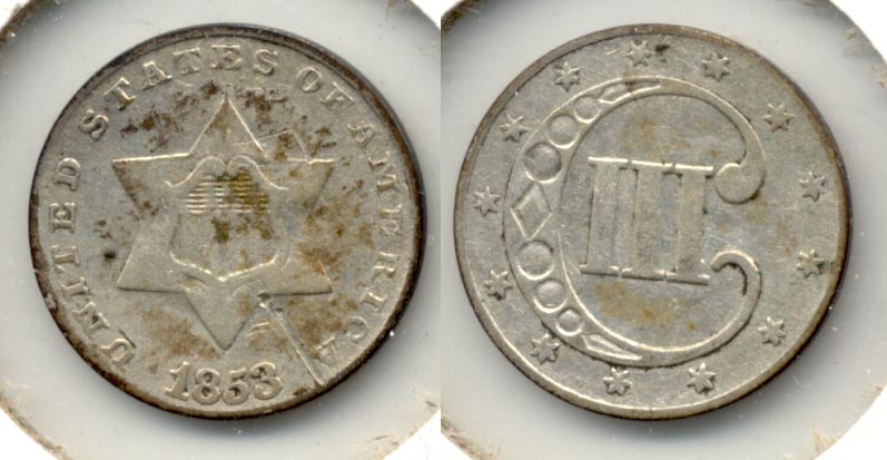1853 Three Cent Silver F-12 b Obverse Scratch