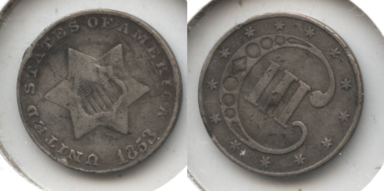 1853 Three Cent Silver VG-10 Rim Bump