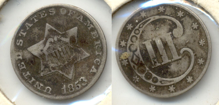 1853 Three Cent Silver VG-8 Slight Warp