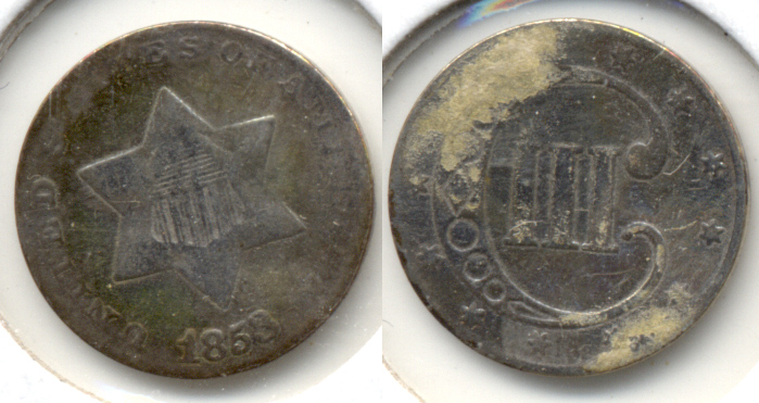 1853 Three Cent Silver VG-8 #e Warped Cleaned