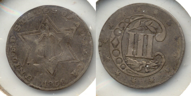 1858 Three Cent Silver VF-20 Slight Warp