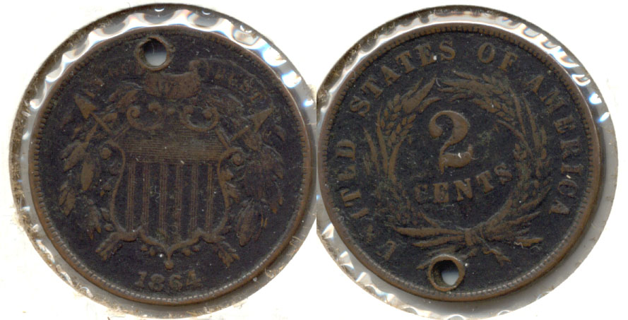 1864 Large Motto Two Cent Piece Fine-12 Holed