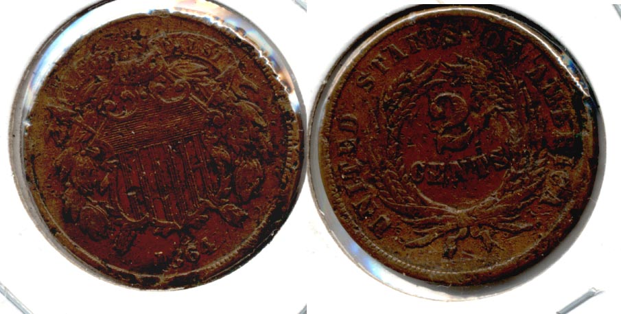 1864 Large Motto Two Cent Piece Fine-12 c Pitting