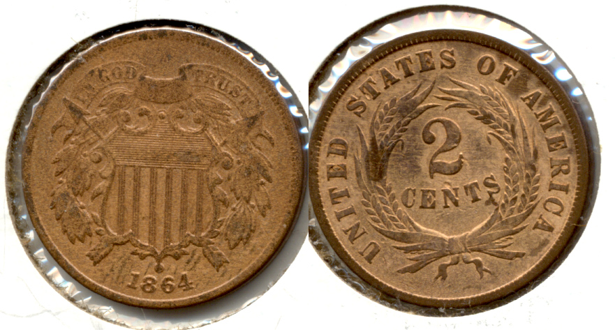1864 Large Motto Two Cent Piece Fine-12 f Cleaned