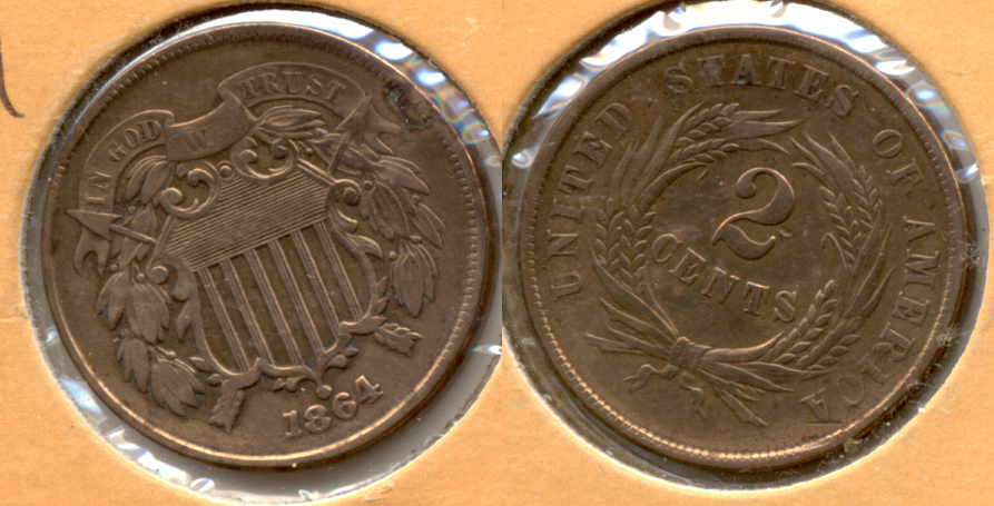 1864 Large Motto Two Cent Piece Fine-12 i Cleaned